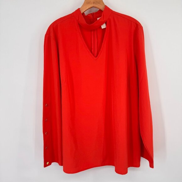 Chicos 3 Womens orange V-Neck keyhole Blouse gold Button long sleeve Size XL - Picture 5 of 16